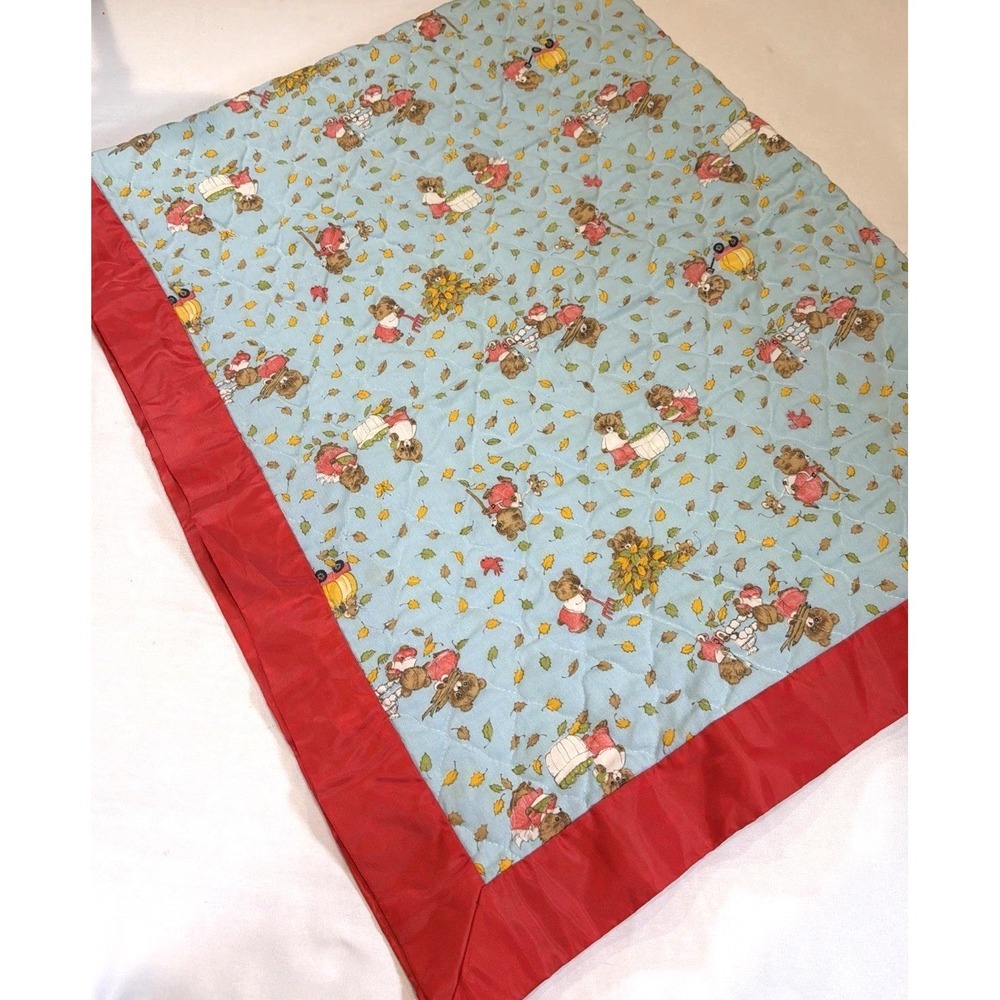 Vintage Handmade Baby Blanket Teddy Bear Fall Autumn Blue Red Crib Stroller
